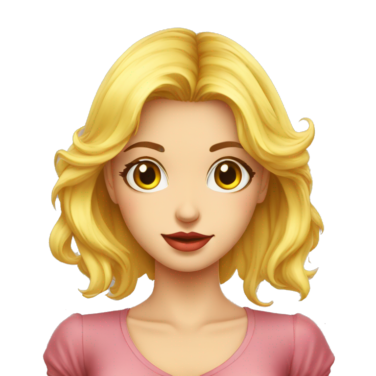 una chica medio rubia piel clara ojos cafe camisa color amarillo emoji AI Emoji Generator