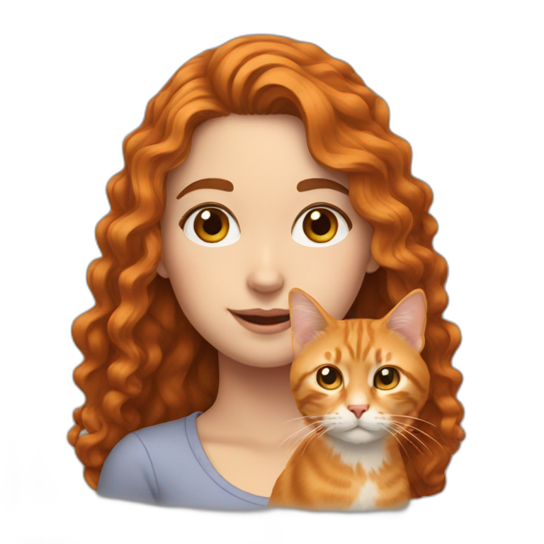 White Girl with long curly brown hair with an orange cat emoji