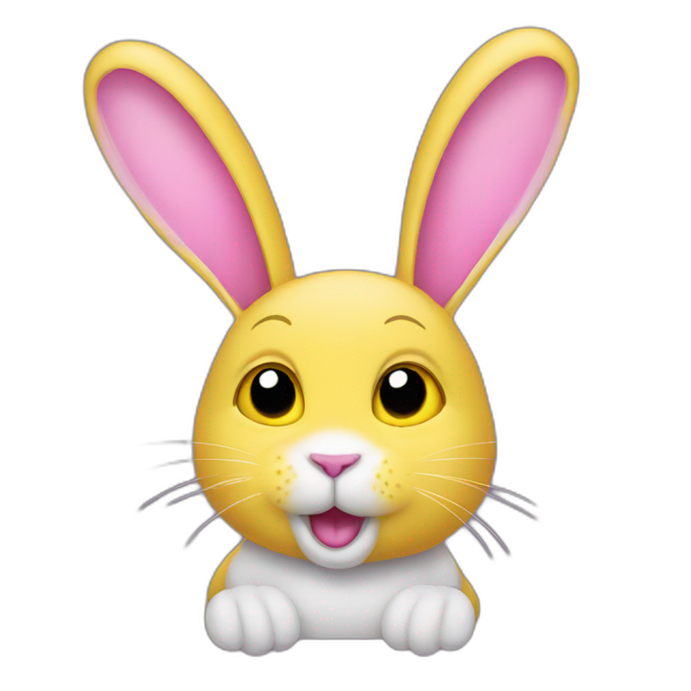 rabbit pink, falling ears, wears teeshirt yellow emoji