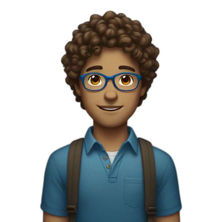 Boy with long brown curly hair and round blue glasses emoji