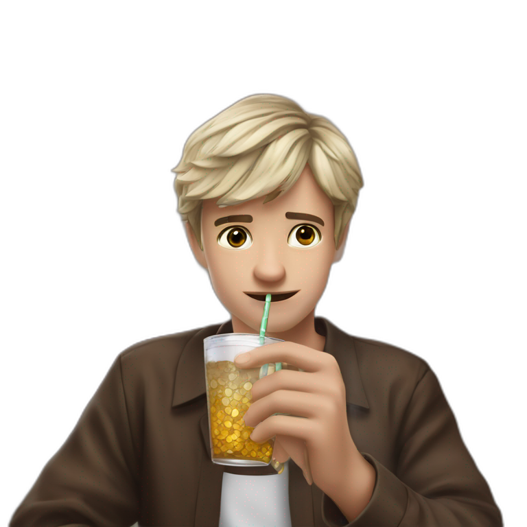 brown-haired boy sipping with earrings emoji