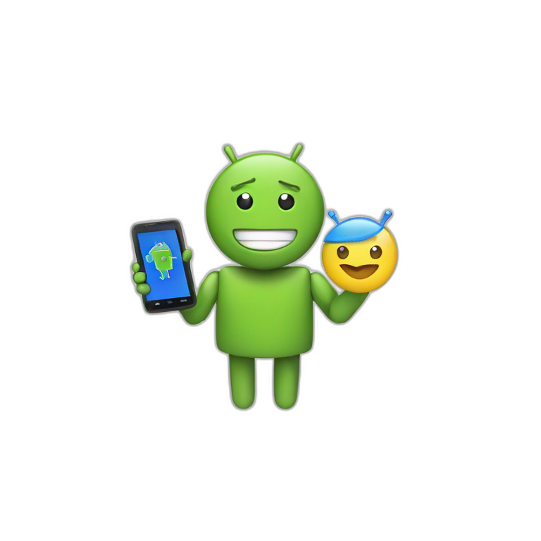 SERGUEI BRIN WITH AN ANDROID PHONE INTO THE HAD AND GOOGLE LOGO INTO THE OTHER HAND emoji