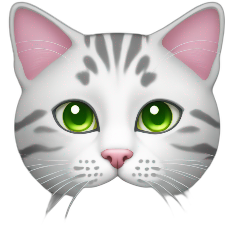 White and grey tabby cat with green eyes and pink nose emoji