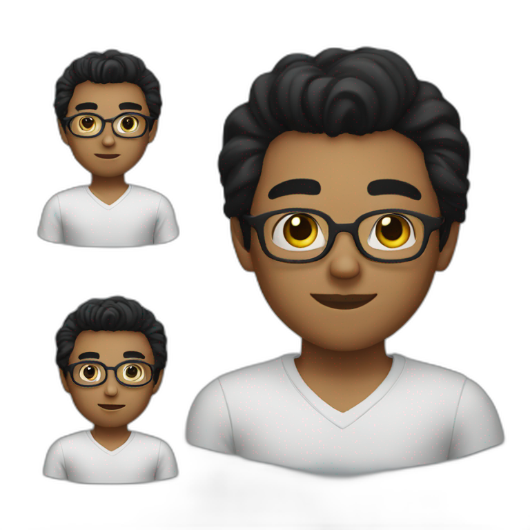 A young man with black eyes and black hair, glasses and a shirt emoji