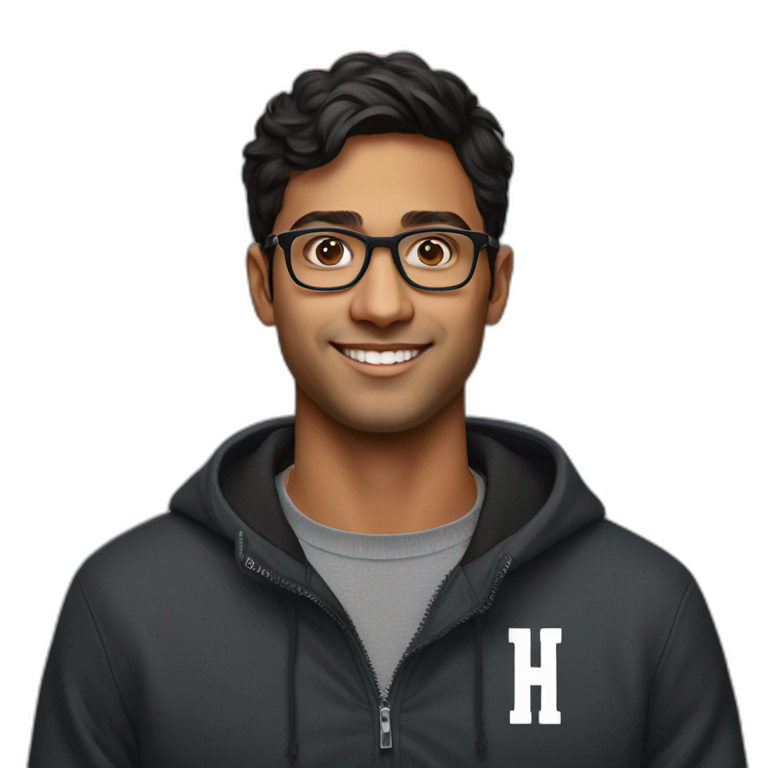 25 year old indian silicon valley creator economy startup founder wearing glasses in a black quarterzip with a harvard logo emoji