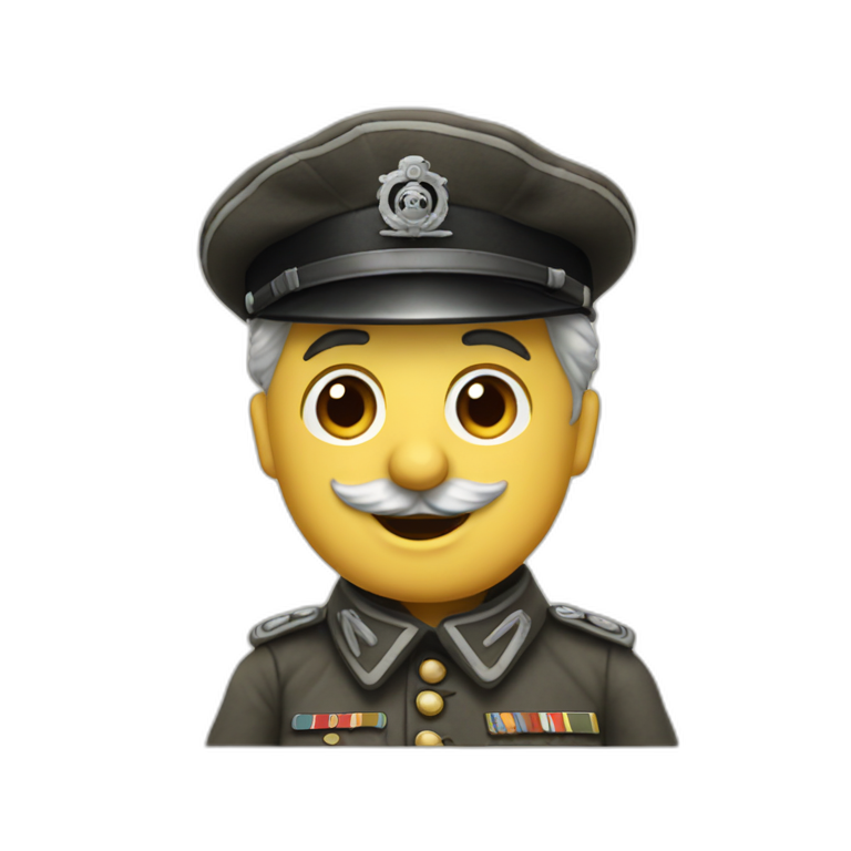 Charlie Chaplin in a German WWII uniform with one arm in the air at 45° emoji