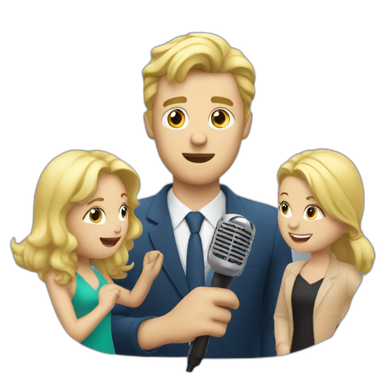 blonde guy interviewing people WITH a MICROPHONE emoji