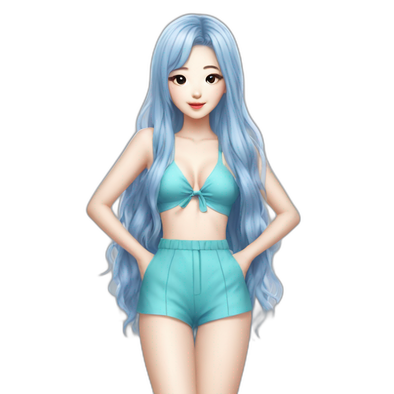 asian korean girl, beach suit, kpop idol, full body, trendy hairstyle, pretty girl silver blue hair emoji