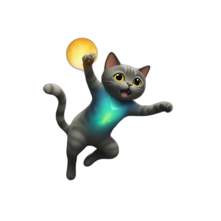 Cat flying like a bird in the galaxy with an dancing alien emoji