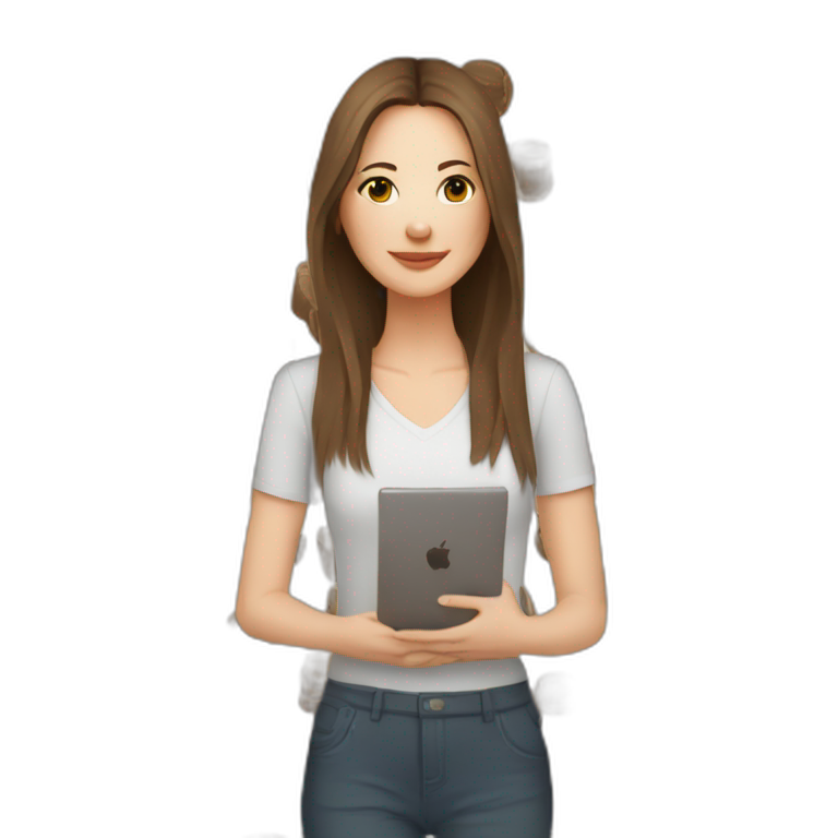 woman with long straight brown hair and pale skin both hands full of laptops and coffee mugs emoji