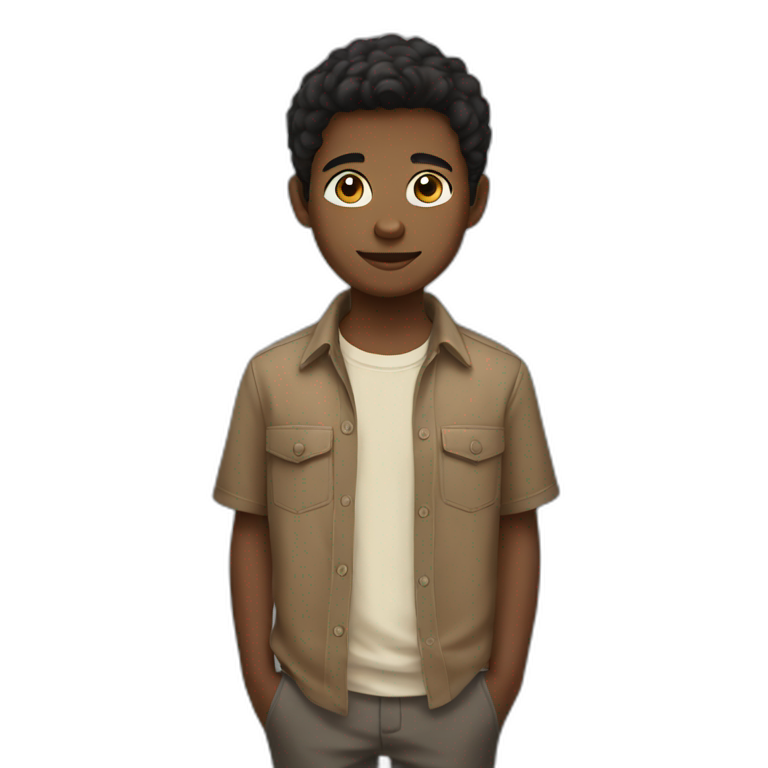 black hair fair skin young boy in brown button up shirt with a tshirt under emoji
