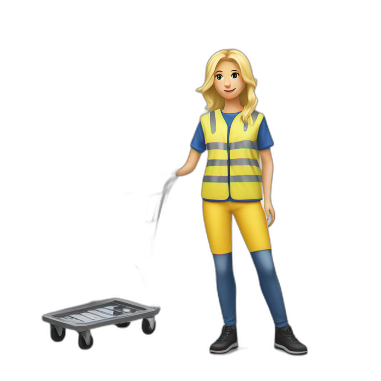 Ikea coworker blond woman blue stripes t-shirt and yellow security vest with trolley scan emoji