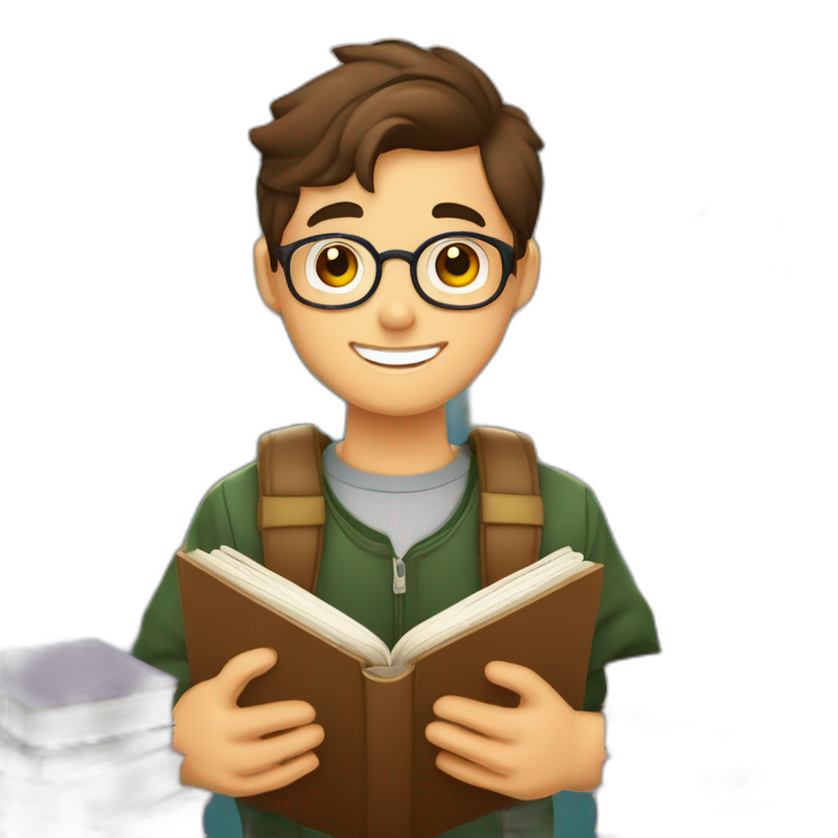joven estudiante atiborrado de libros, sonriente y muy feliz con un libro en sus manos y en su cabeza, junto a muchos libros y una lampara emoji