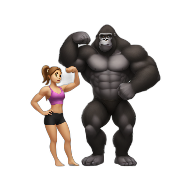 Big buff Gorilla holding a beautiful girl with a big back doing exercises emoji
