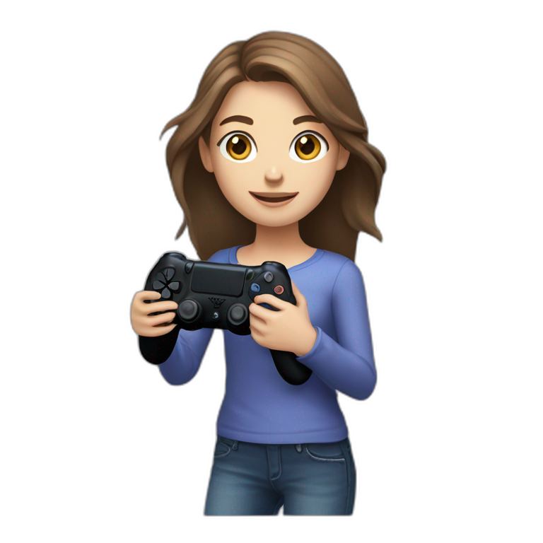 Caucasian Girl with long Brown hair holding a playstation 4 controller as she was playing looking at a screen emoji