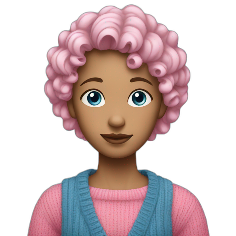 A girl, with curly blue hair, blue eyes, wearing a pink sweater. emoji