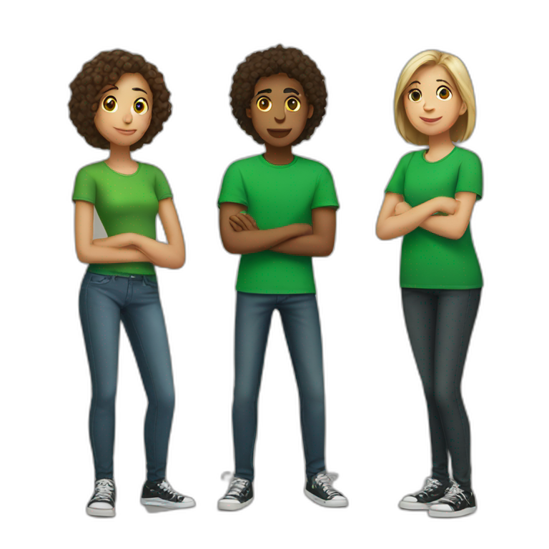 4 teenagers standing wearing a green tshirt emoji