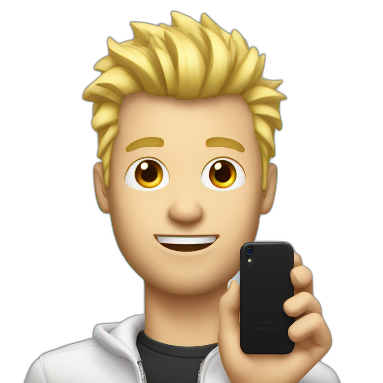Blonde man with faux hawk hair holding iPhone in hand emoji
