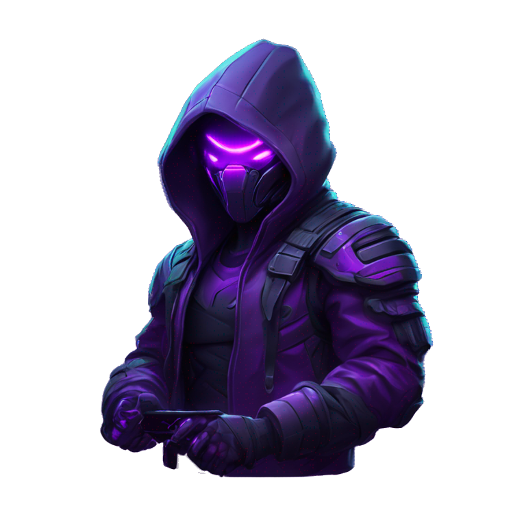 developer behind his laptop with this style : crysis Cyberpunk Valorant neon glowing bright purple character purple violet black hooded assassin themed character emoji