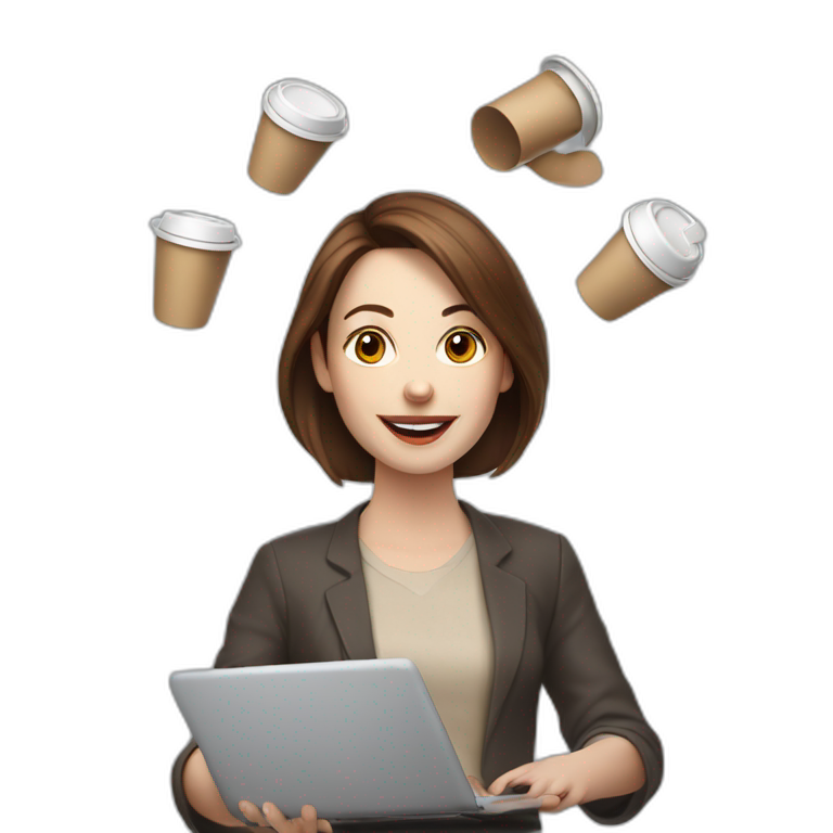 woman juggler with brown hair and pale skin juggling coffee cups and mini laptops emoji