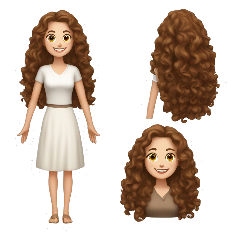 White woman, long brown curly hair, happy, say hello with sher hands emoji