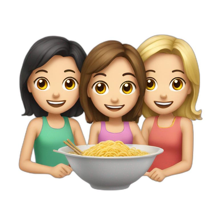 Three girls sharing a bowl of noodles emoji