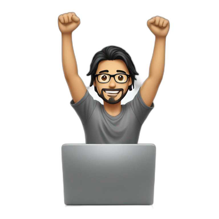 a young man with long black hair, with goatee, wearing glasses sitting with a computer, his arms up, cheering emoji