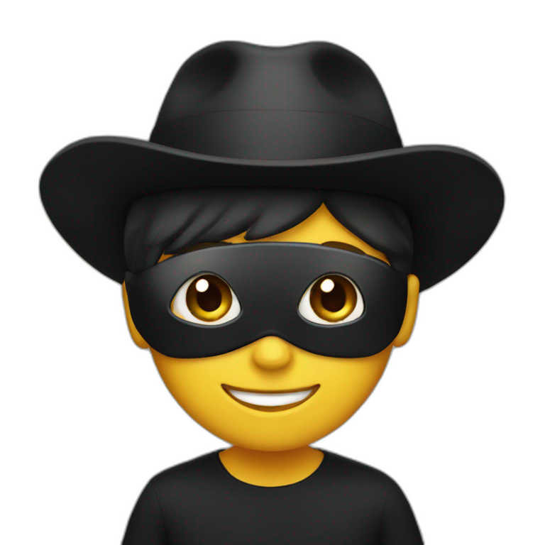 A boy wearing a black dress with a black hat and a black mask smiling  emoji