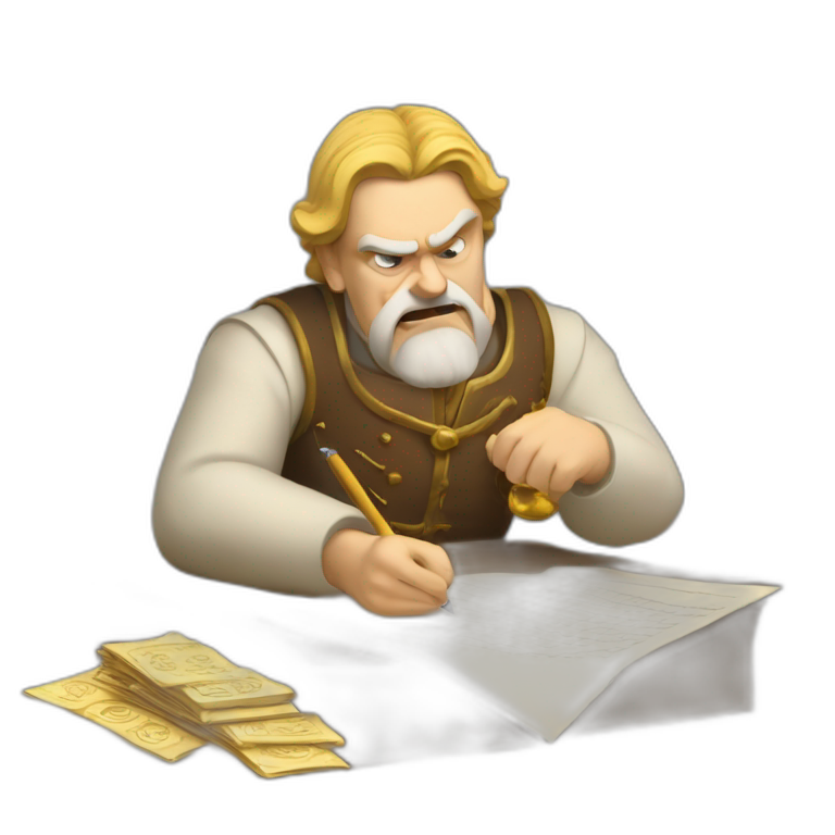 middle ages taxman, angry, writing on a paper, pile of gold emoji