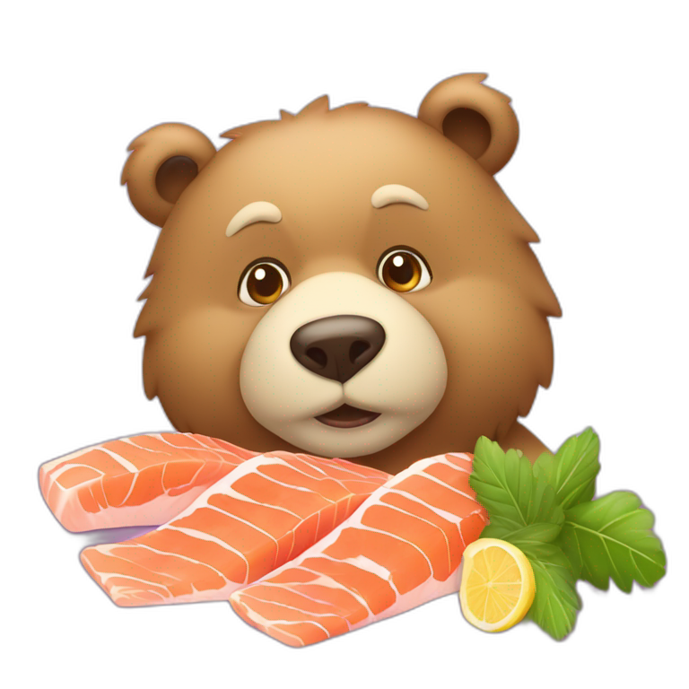 Orso con capelli viola e salmone in bocca emoji