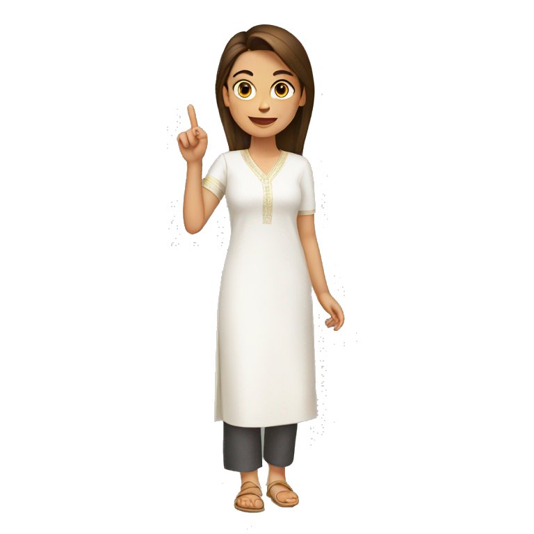 A young woman with complete white kurti showing 1 finger emoji