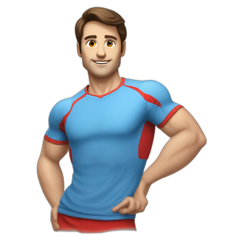 retro 70s blue and red gym clothes for a modern white brunette uni male student with glass emoji
