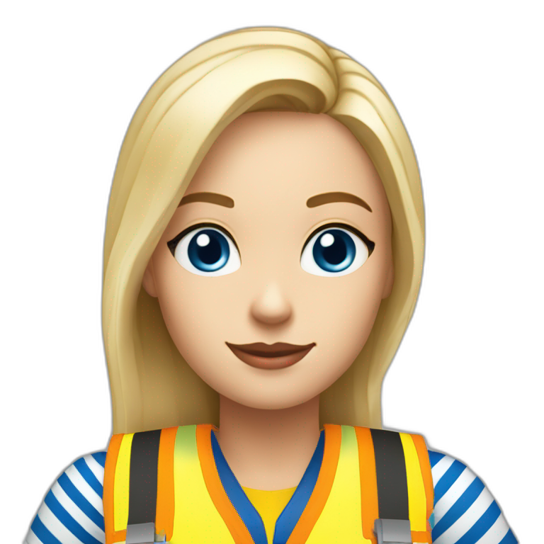 Ikea coworker blue eyes blond woman blue stripes t-shirt and yellow security vest emoji