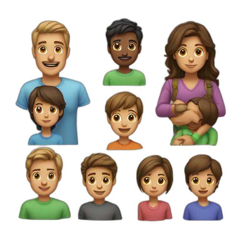 family, dad, mom, boy 25 years old, boy 15 years old, boy 12 years old, girl 24 years old, girl 13 years old emoji