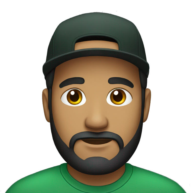 brown man with a dark beard, dark eyes, dark green t-shirt and a BLACK BLACK cap emoji