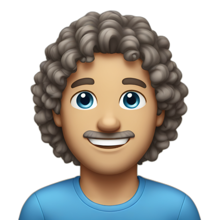 man-with big smile-curly brown-hair with grey streaks-and-blue-eyes, blue shirt emoji
