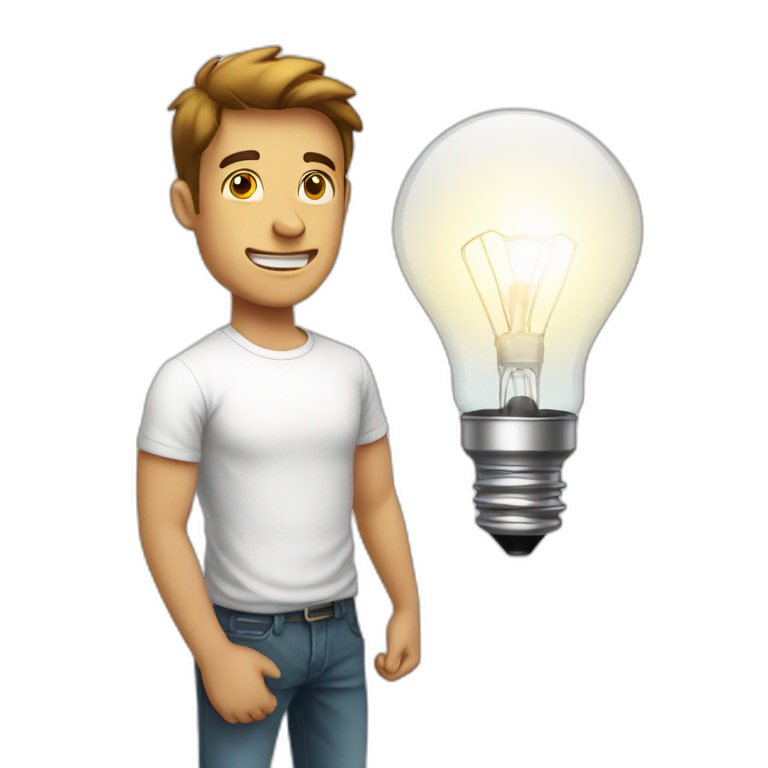 man with white tshirt thinking light bulb emoji