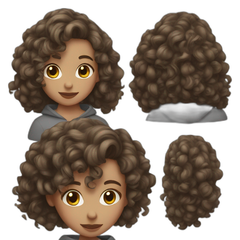 Girl with mid long brown curly hair and grey sweat-shirt  emoji