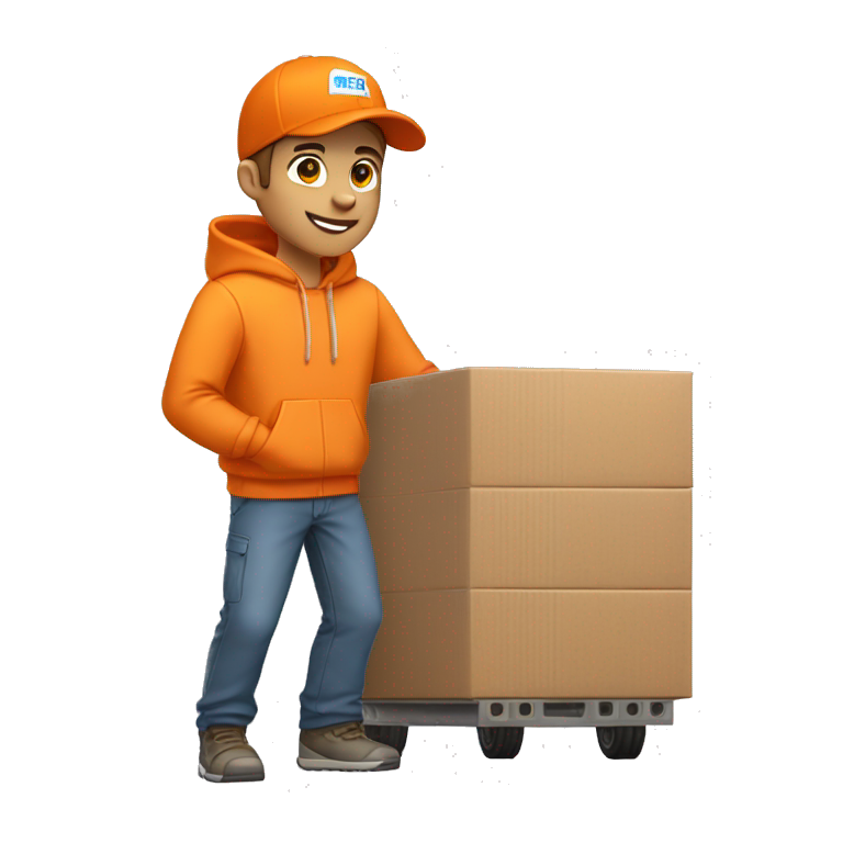 Delivery boy, full body, light skin tone, wearing orange cap and orange hoodie, kex delivery company uniform loading a package ,background security pos emoji