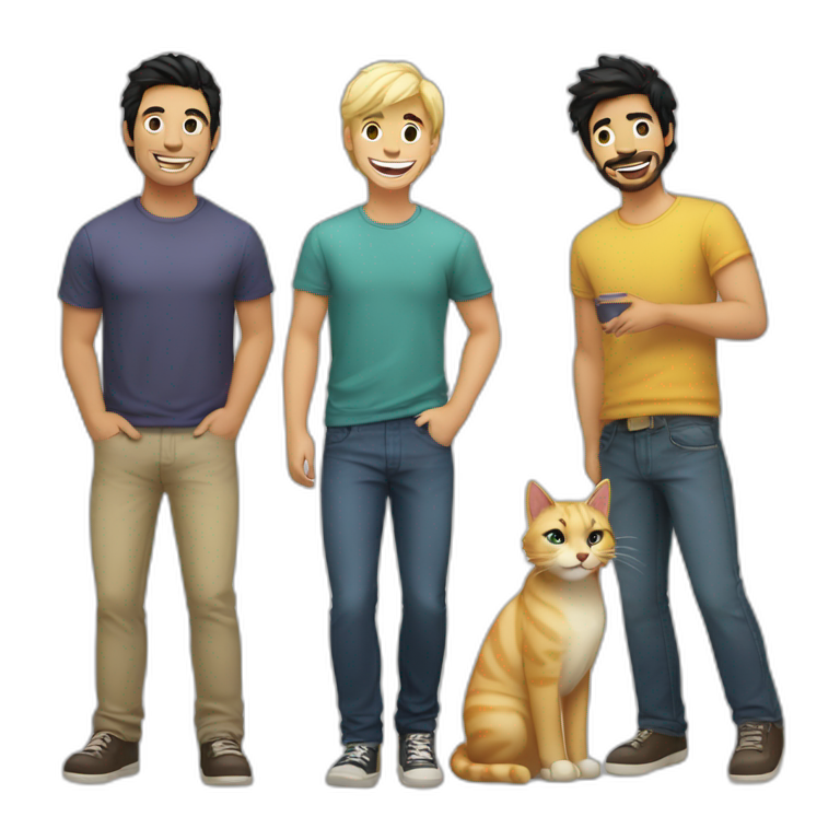 Gay couple, 1 guy Latino black hair and 1 Australian guy blonde hair with a cat laughing full body emoji