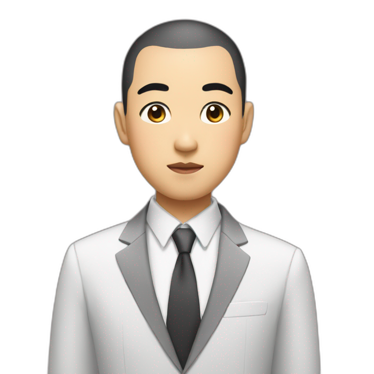 Asian, thick eyebrows, Buzz cut, Thick lips, suit emoji