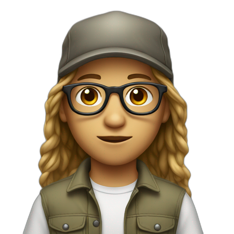 young boy with long hair and cap and Cargo pants and have glasses emoji
