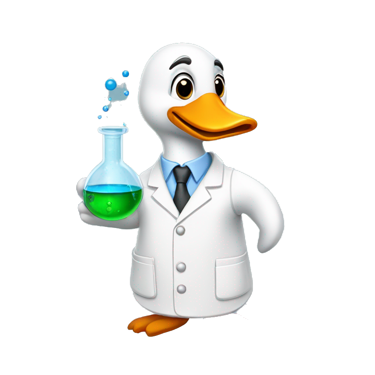 Goose wearing chemistry lab coat and has flask with chemicals emoji
