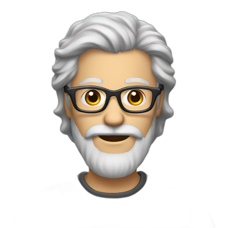 long grey hair, short grey beard, eyeglasses emoji