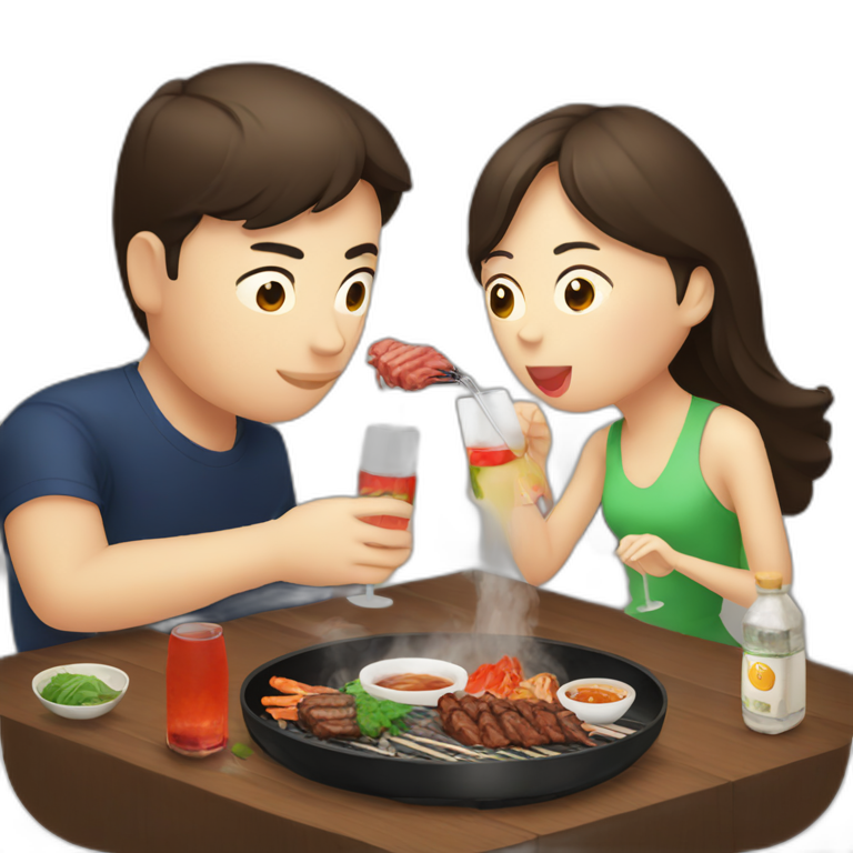 A couple eating Korean bbq and drinking soju emoji