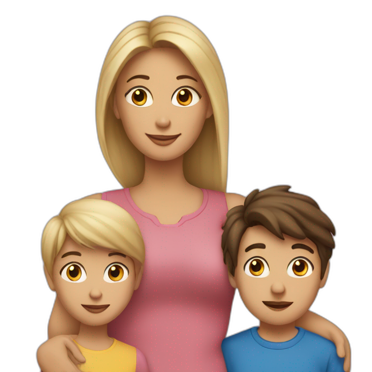 single mom brunette with two kids girl (blonde; big sister) and boy (brunette; little brother) emoji