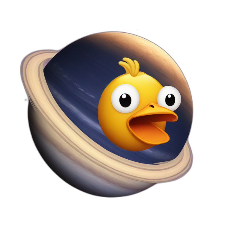 planet Saturn with a cartoon chicken face with raised eyebrow emoji