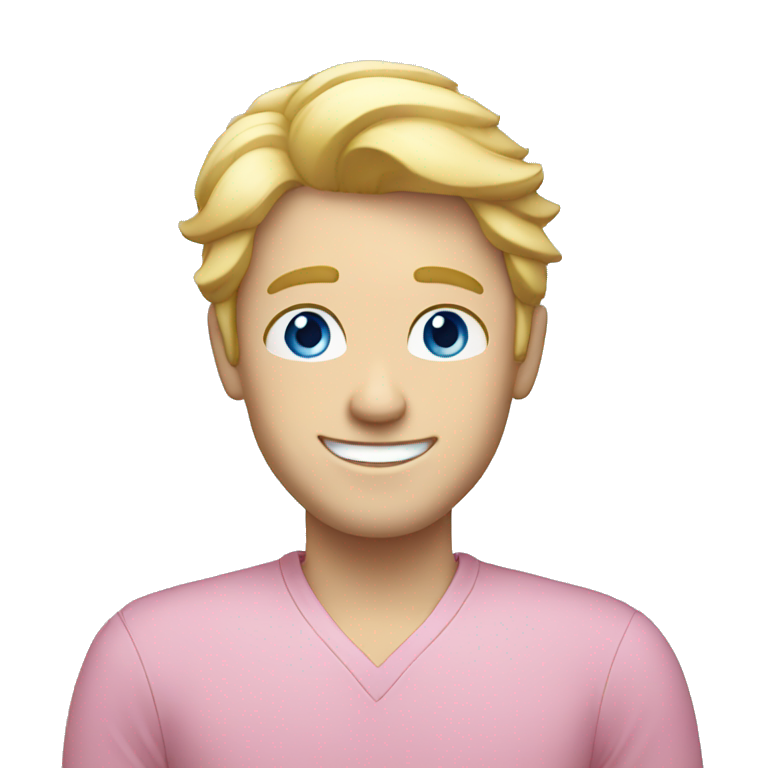 pale blonde happy man, pink shirt, blue eyes emoji