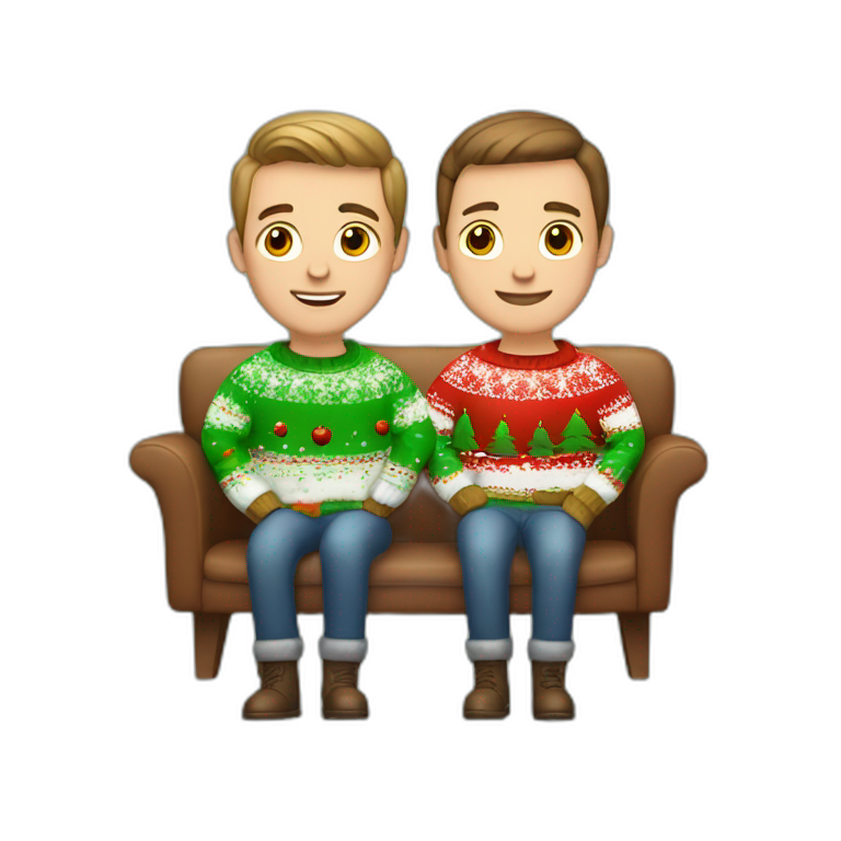 gay couple sitting in christmas sweathers with brown faded haircut emoji
