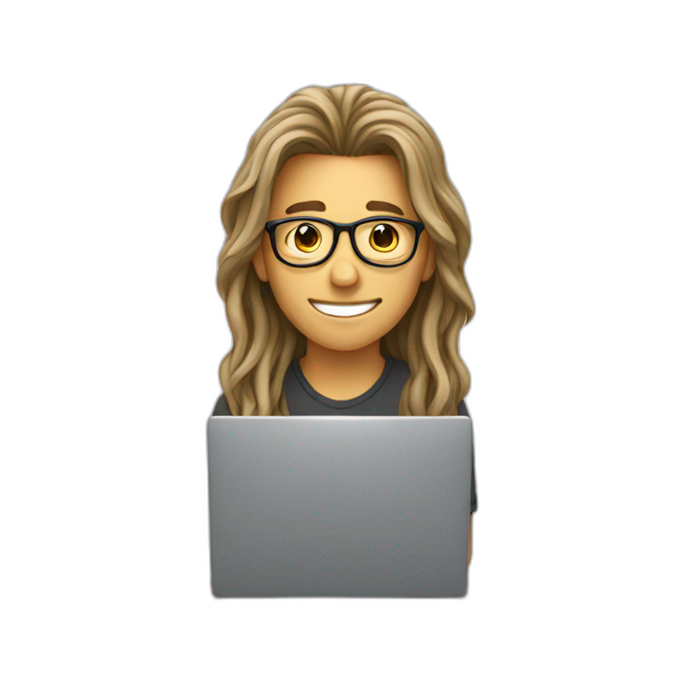 a young man with long hair and wearing glasses sitting with a computercheering emoji